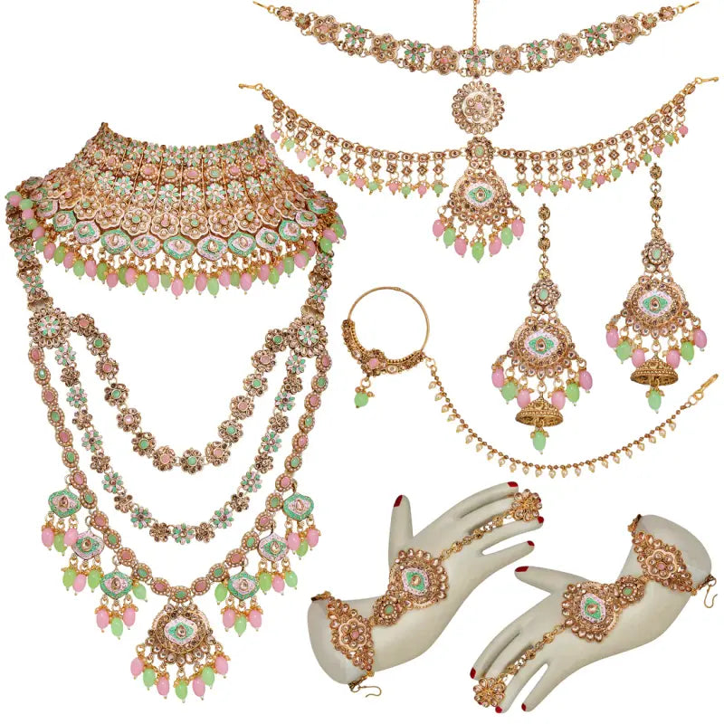 Tehzeeb Creations Traditional Designer Kundan Stone Pink and Mint Meenakari Choker Bridal Set - Distacart