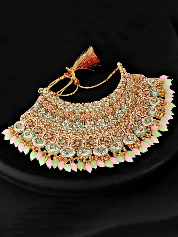 Tehzeeb Creations Traditional Designer Kundan Stone Pink and Mint Meenakari Choker Bridal Set - Distacart