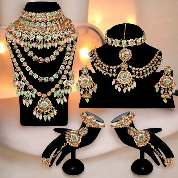 Tehzeeb Creations Traditional Designer Kundan Stone Pink and Mint Meenakari Choker Bridal Set - Distacart