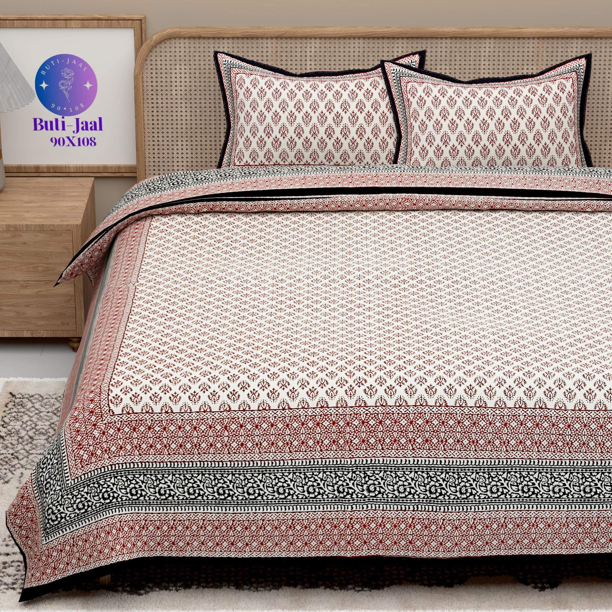 Red White Handblock Printed Cotton 200TC King Bedsheet With 2 Zipper Pillow Covers - King Size by House of Ree - Distacart