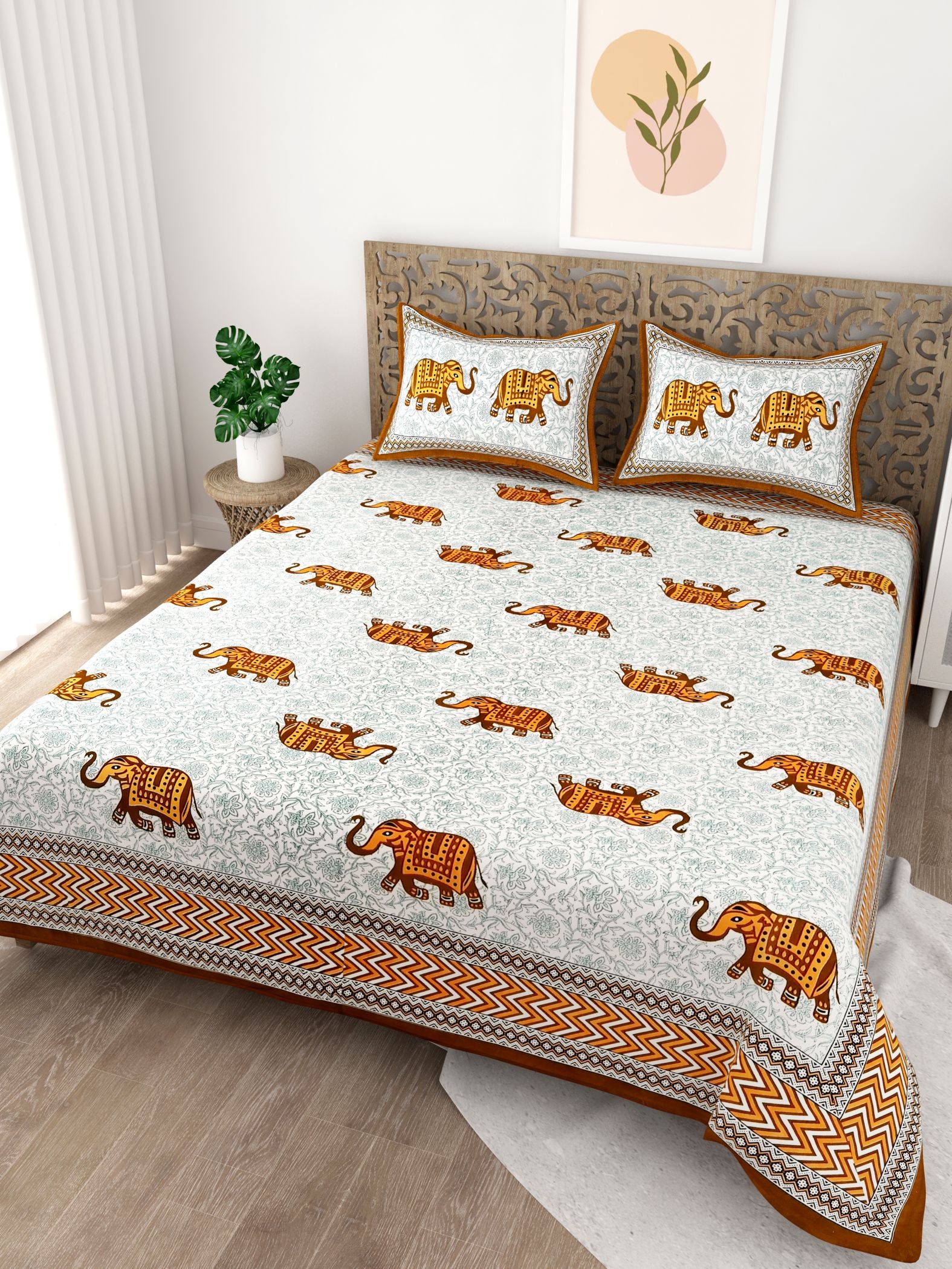 Brown Grey Elephant Design Cotton 200TC King Bedsheet With 2 Zipper Pillow Covers - King Size by House of Ree - Distacart