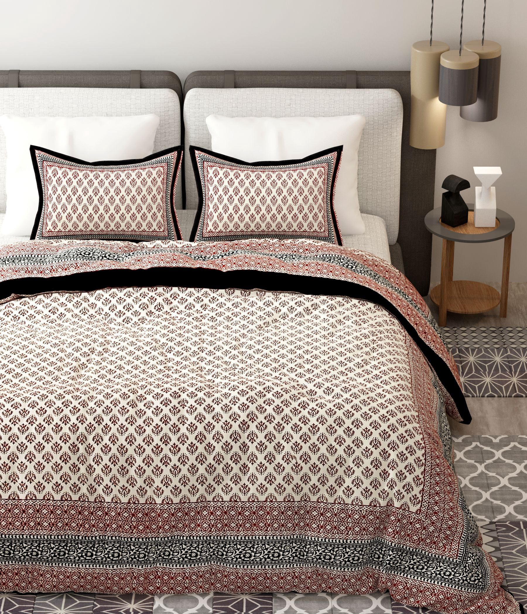 Red White Handblock Printed Cotton 200TC King Bedsheet With 2 Zipper Pillow Covers - King Size by House of Ree - Distacart