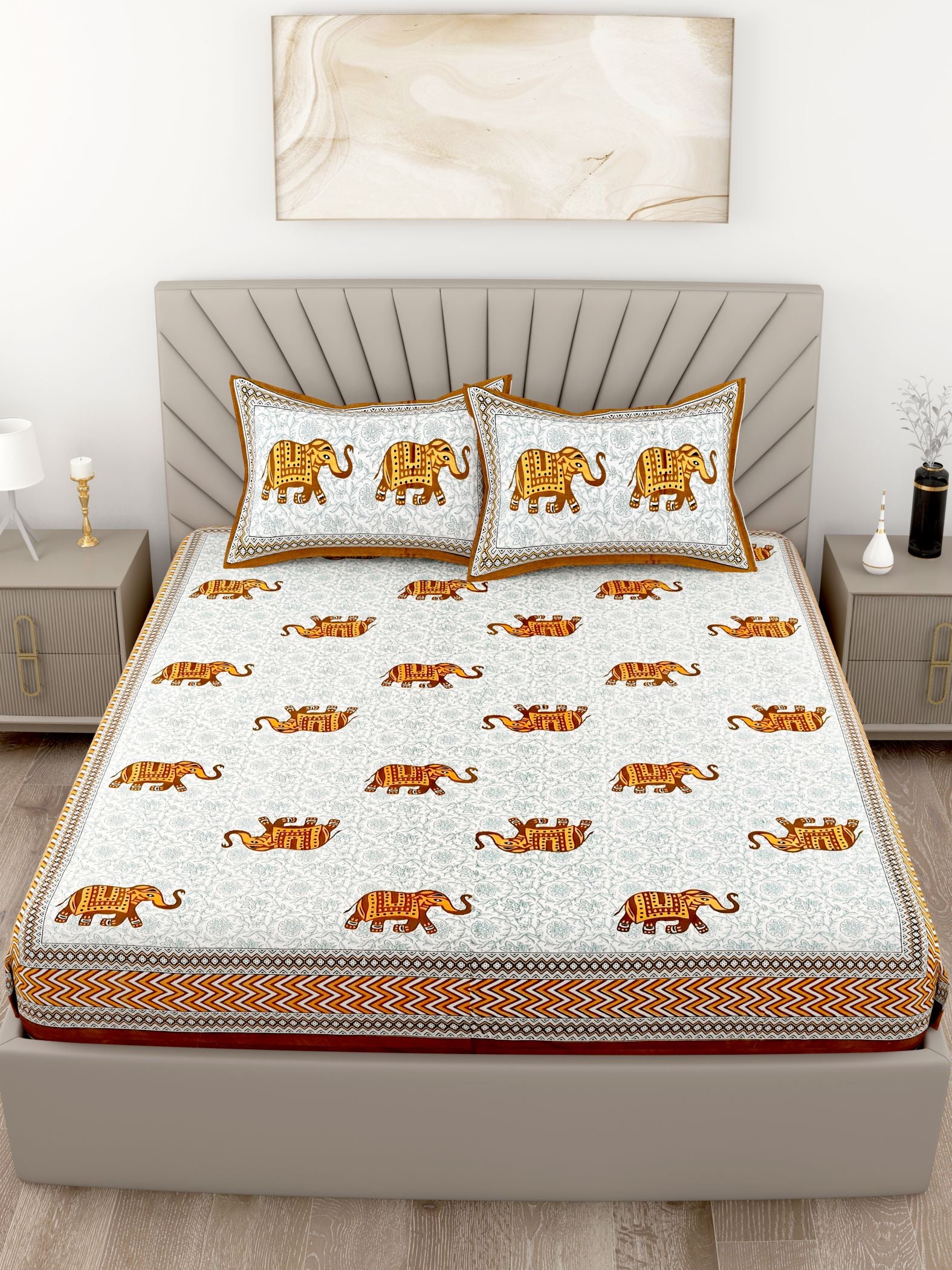 Brown Grey Elephant Design Cotton 200TC King Bedsheet With 2 Zipper Pillow Covers - King Size by House of Ree - Distacart