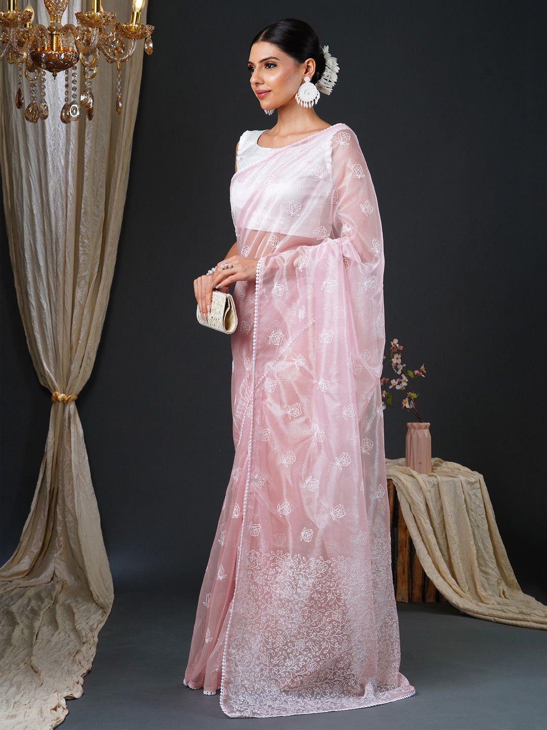 NOZ2TOZ Women's Organza White Embroidered Designer Saree With Blouse Piece - Distacart