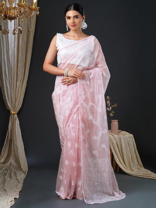 NOZ2TOZ Women's Organza White Embroidered Designer Saree With Blouse Piece - Distacart