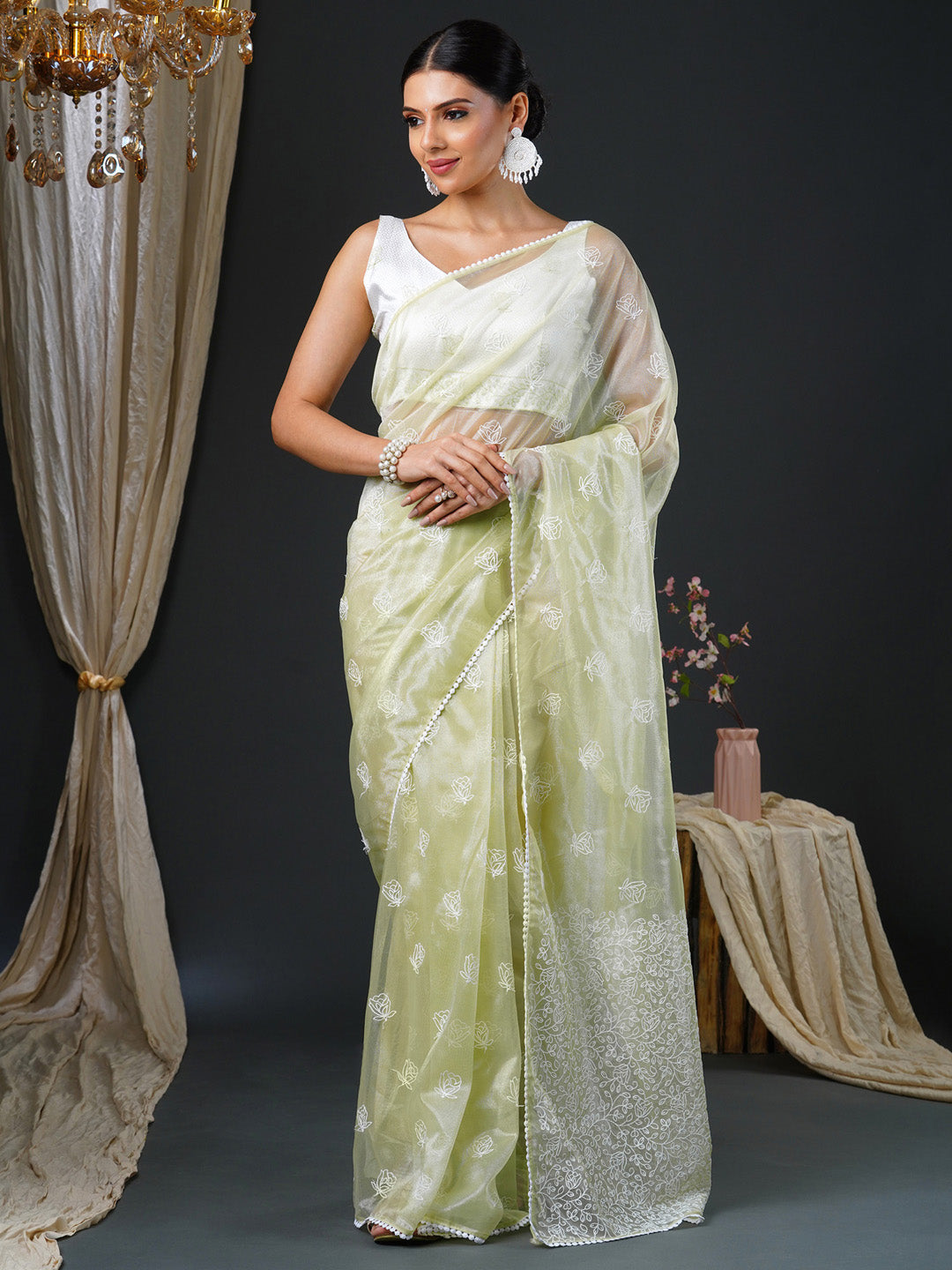 NOZ2TOZ Women's Organza White Embroidered Designer Saree With Blouse Piece - Distacart