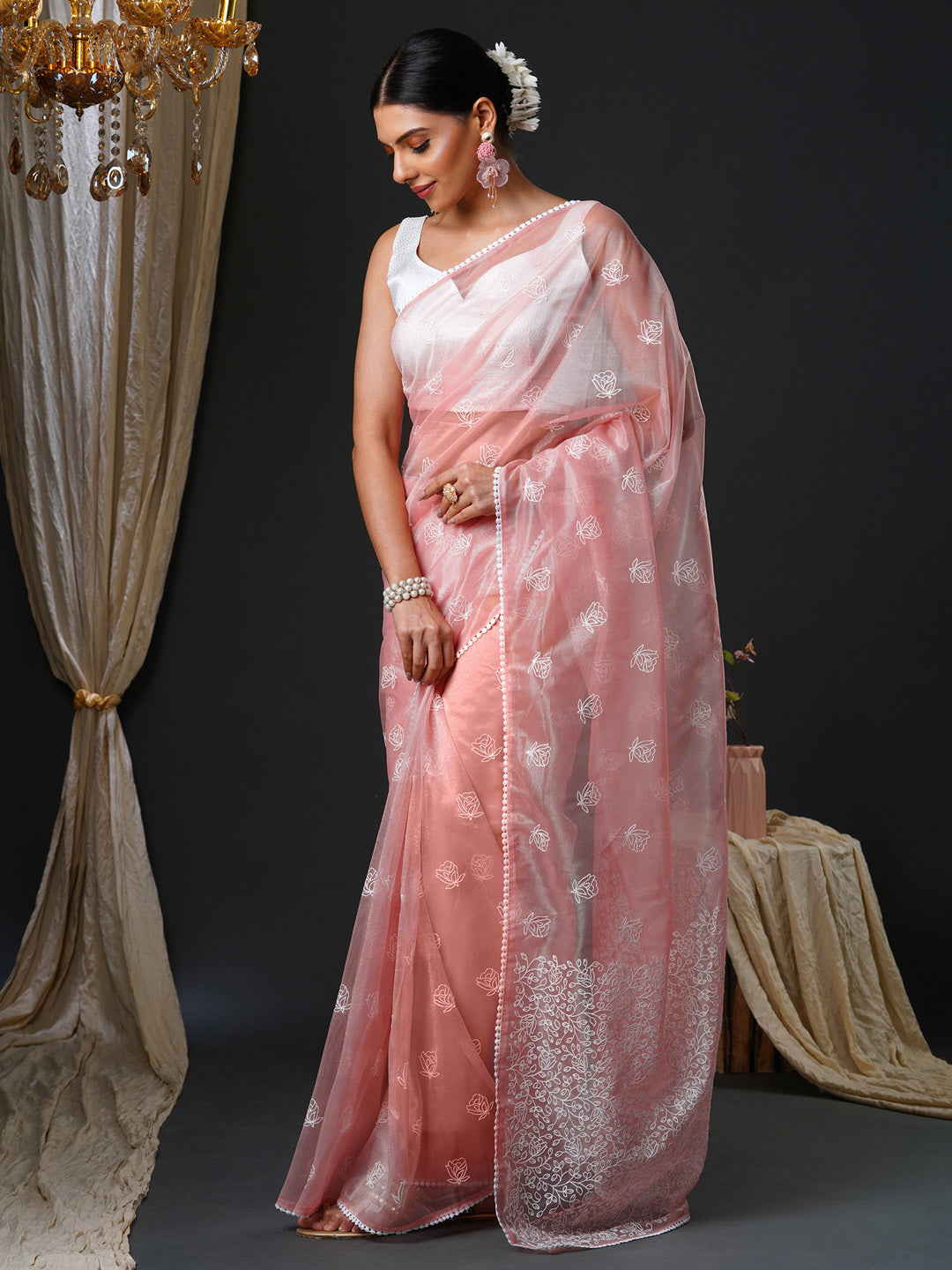 NOZ2TOZ Women's Organza White Embroidered Designer Saree With Blouse Piece - Distacart