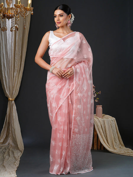 NOZ2TOZ Women's Organza White Embroidered Designer Saree With Blouse Piece - Distacart
