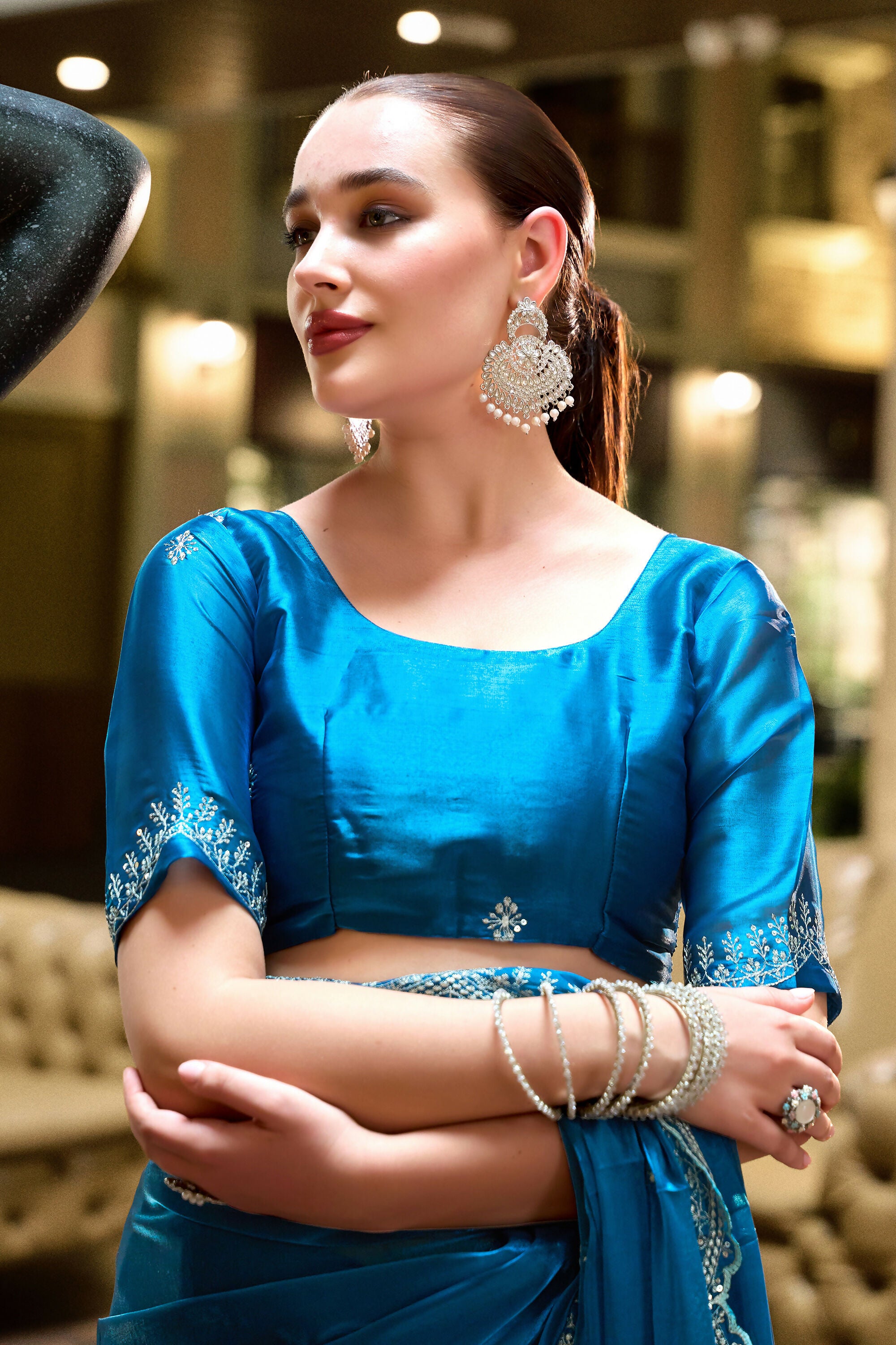 Vastranavya Sea Blue Embroidery Work Shimmer Chiffon Saree with Unstitched Blouse