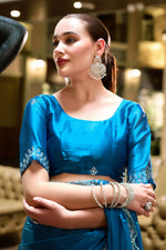 Thumbnail for Vastranavya Sea Blue Embroidery Work Shimmer Chiffon Saree with Unstitched Blouse