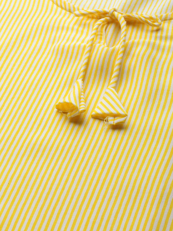 Ode by House of Pataudi Women Yellow & White Striped Bell Sleeves Rozana Kurta - Distacart