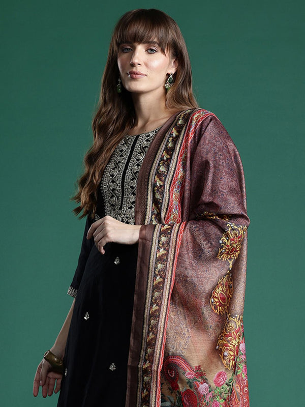 Indo Era Ethnic Motifs Zari Embroidered Liva Kurta With Trousers & Dupatta