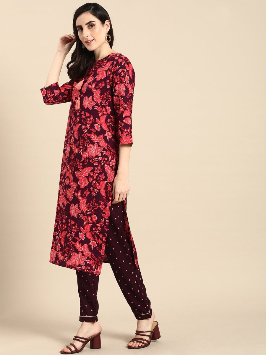 All About You Women Purple & Red Floral Printed Regular Kurta with Trousers - Distacart