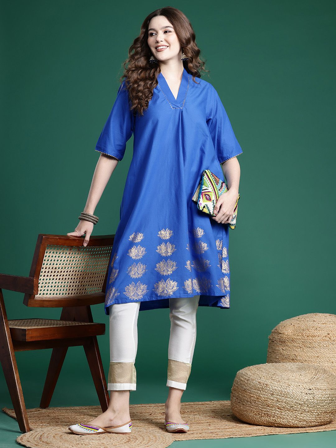 Sangria Floral Foil Printed Gota Patti Detailed A-Line Kurta - Distacart