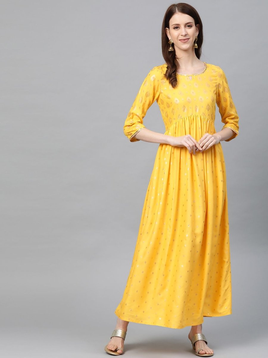 AURELIA Women Yellow & Golden Printed Maxi Dress - Distacart