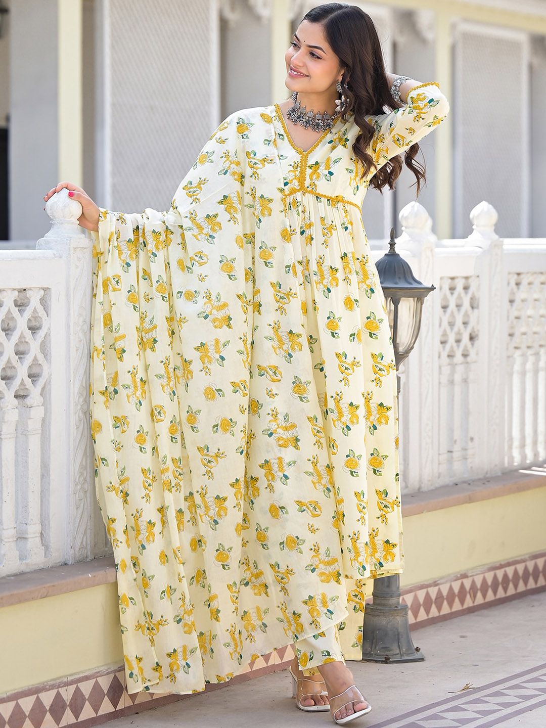 Vishudh Floral Printed Empire Pure Cotton Kurta with Trouser & Dupatta - Distacart