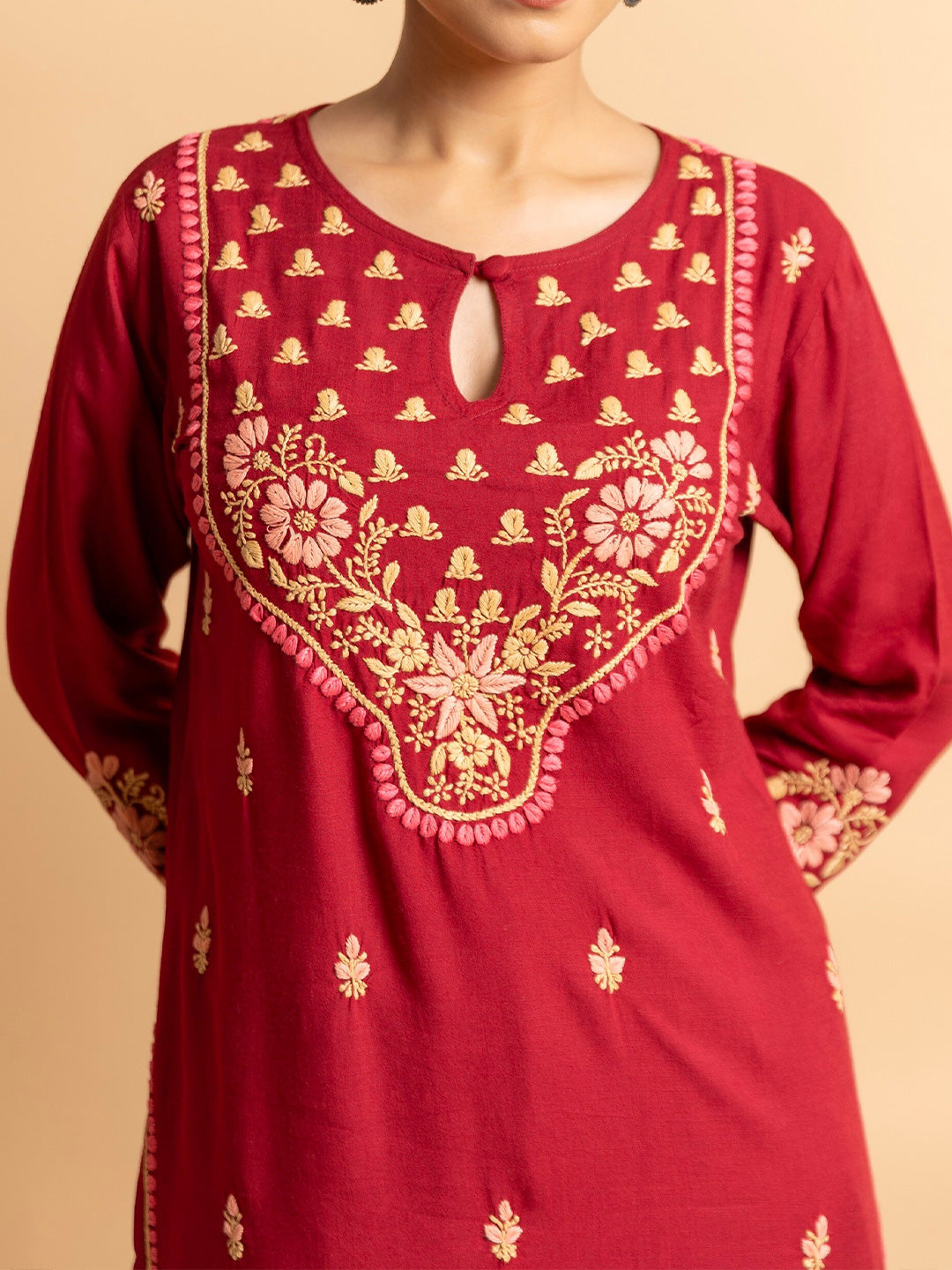 HOUSE OF KARI Floral Embroidered Chikankari Kurta With Palazzos - Distacart