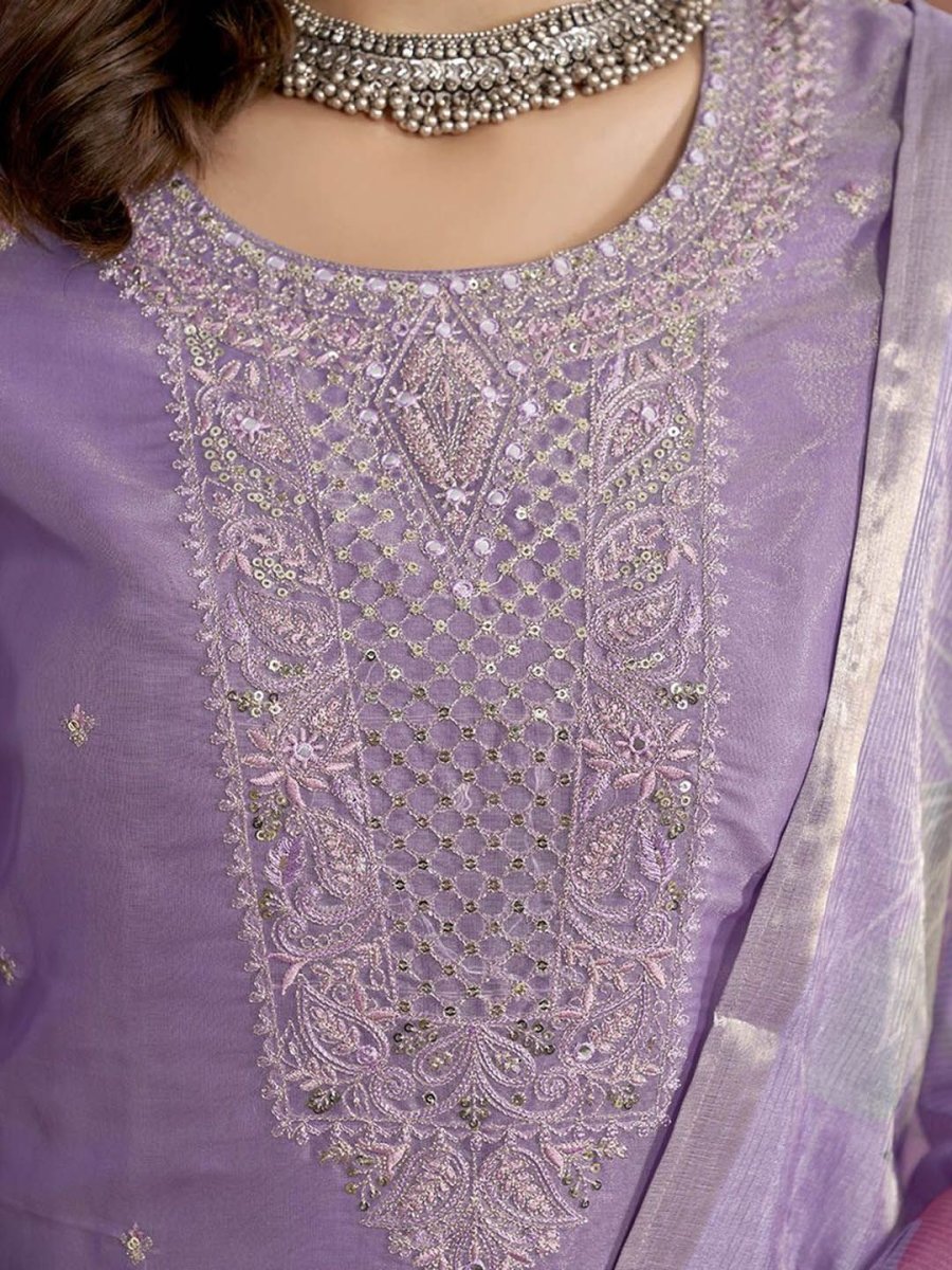 Anouk Lavender Ethnic Motifs Embroidered Straight Sequined Kurta with Trousers & Dupatta - Distacart