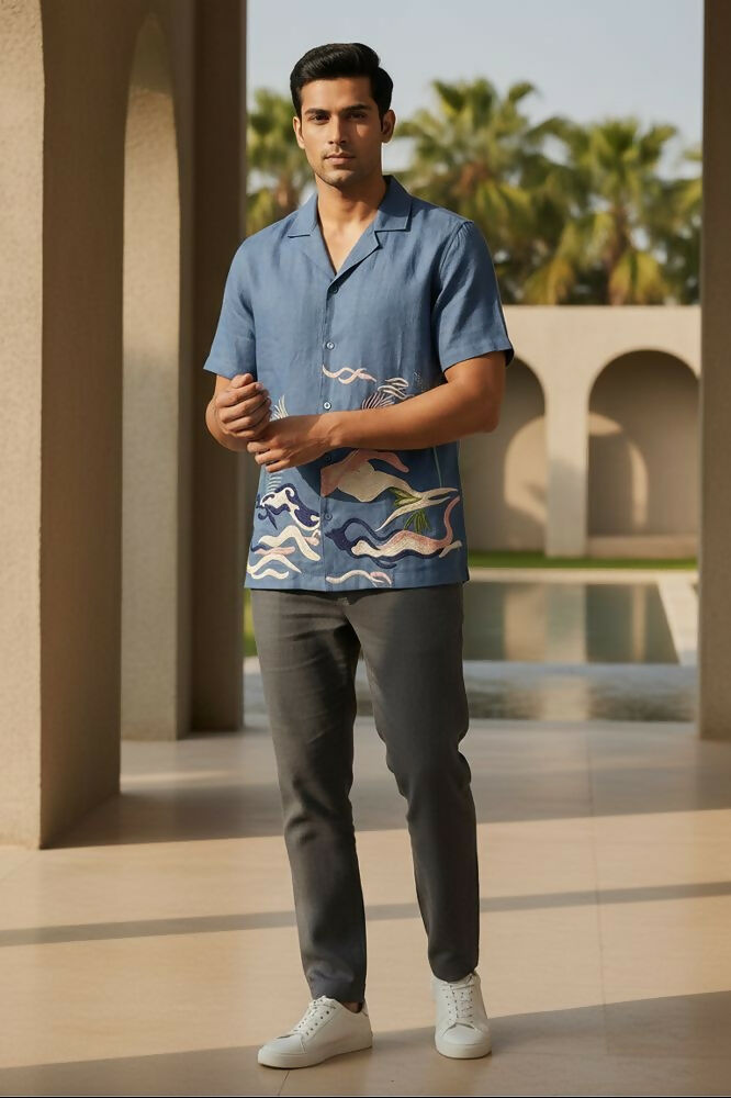 Mirage — Deep Blue Embroidered Linen Shirt by Hilo Design - Dista