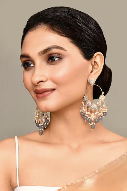New Stylish Ethnic Partywear Gray Hoops Kundan Earrings for Womens by House of Ree - Distacart