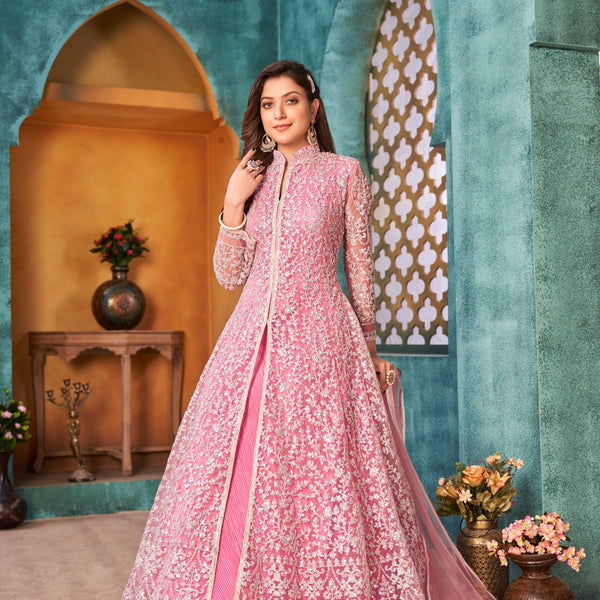 Anaita Pink Embroidered Net Anarkali Suit - Distacart