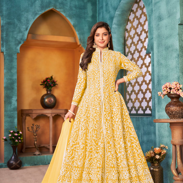 Anaita Yellow Embroidered Net Anarkali Suit - Distacart