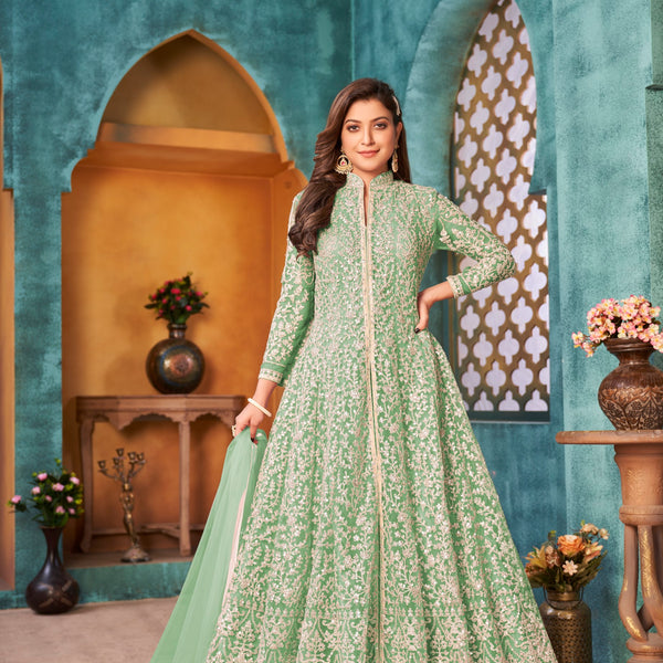 Anaita Light Green Embroidered Net Anarkali Suit - Distacart
