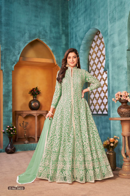 Anaita Light Green Embroidered Net Anarkali Suit - Distacart