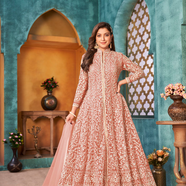 Anaita Peach Embroidered Net Anarkali Suit - Distacart