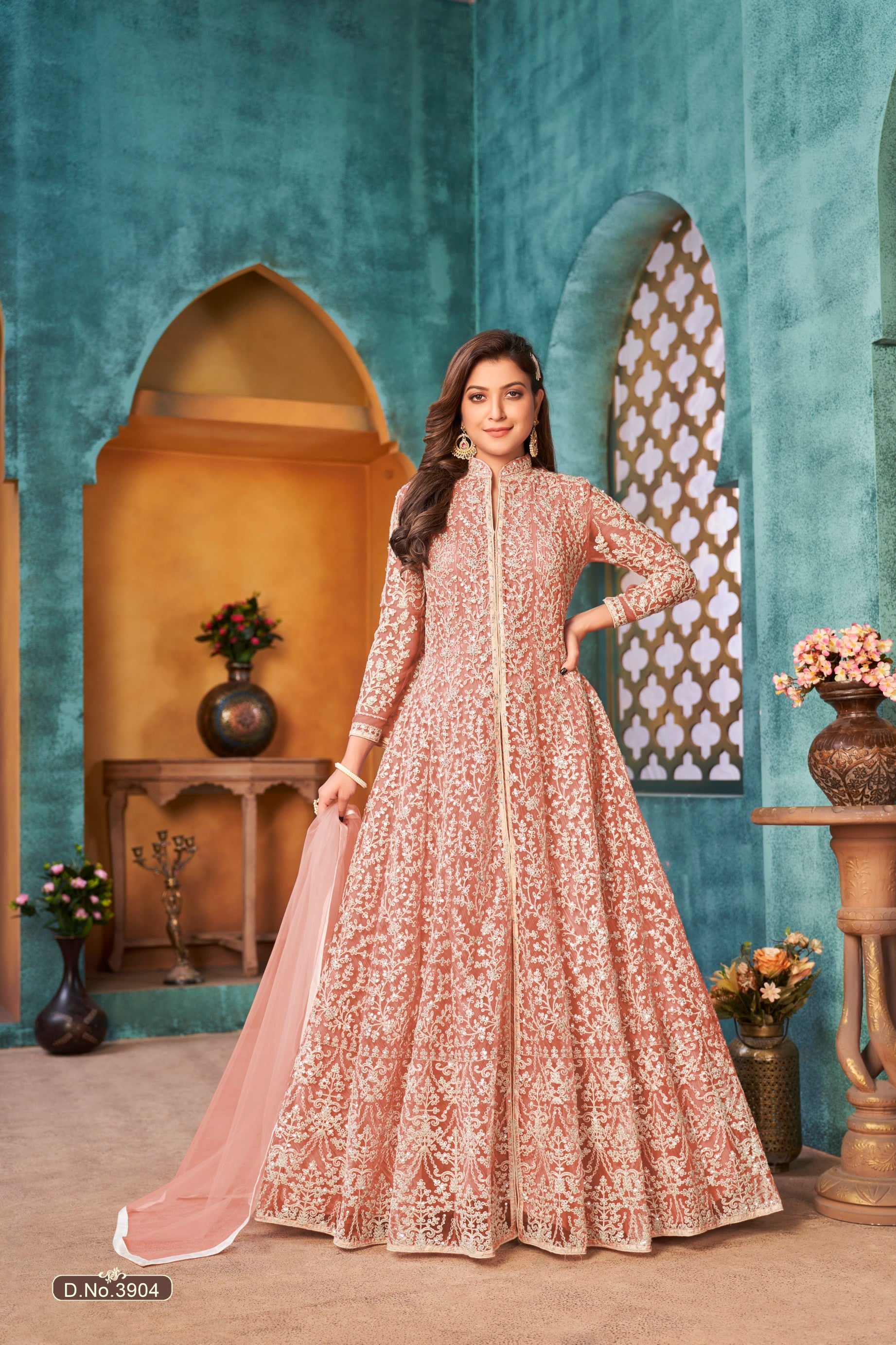 Anaita Peach Embroidered Net Anarkali Suit - Distacart