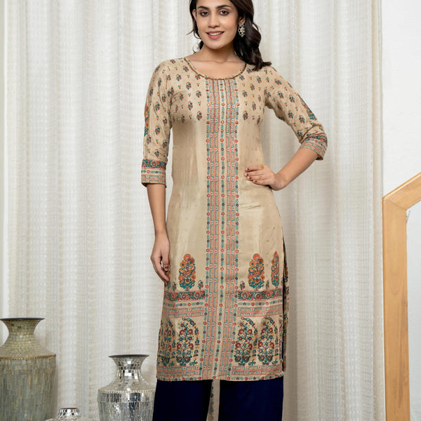 Juniper Beige Floral Printed Viscose Kurta With Beads & Sequins - Distacart
