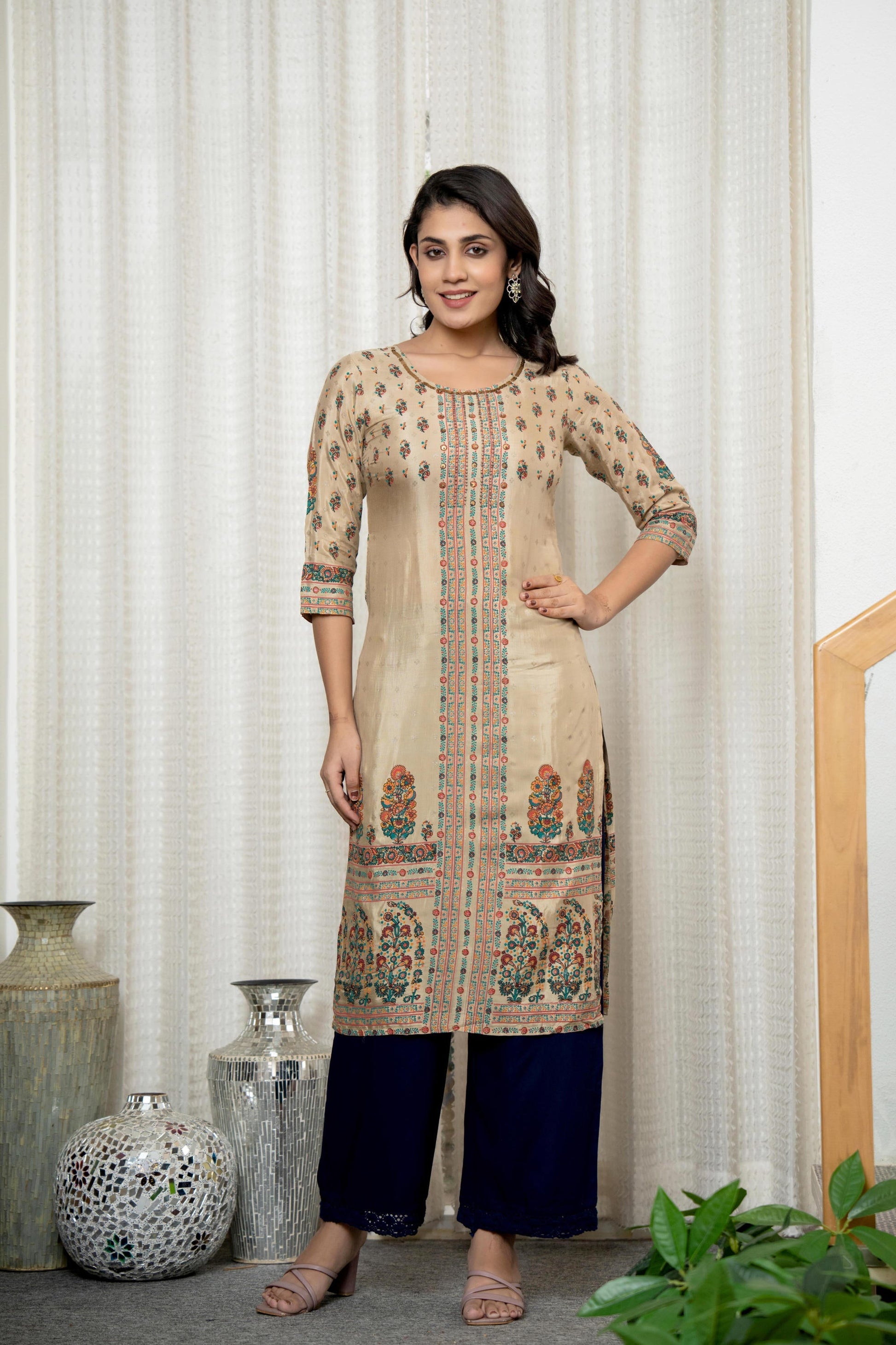 Juniper Beige Floral Printed Viscose Kurta With Beads & Sequins - Distacart