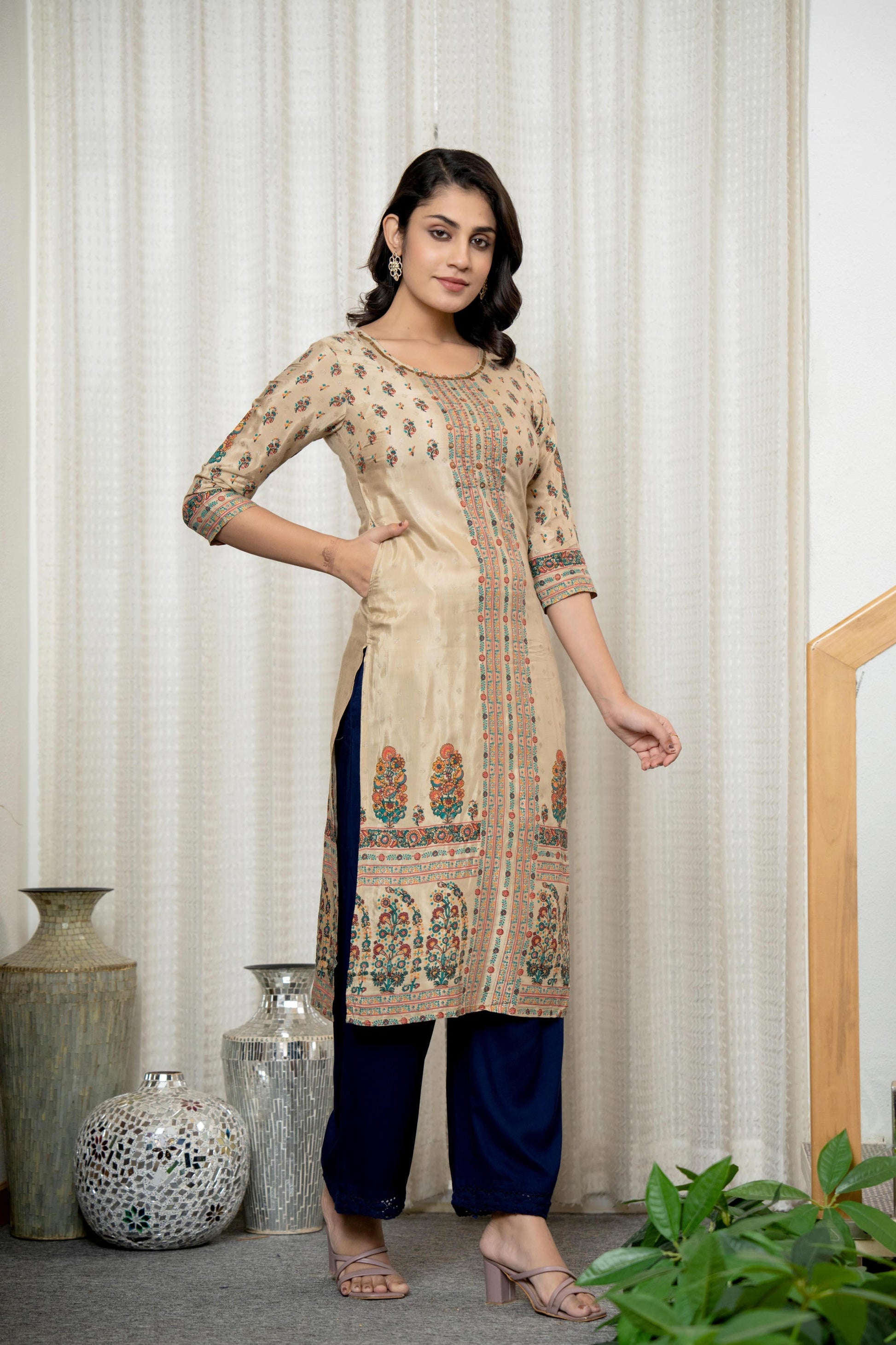 Juniper Beige Floral Printed Viscose Kurta With Beads & Sequins - Distacart