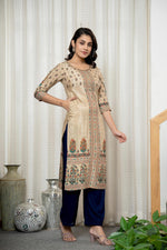 Thumbnail for Juniper Beige Floral Printed Viscose Kurta With Beads & Sequins - Distacart