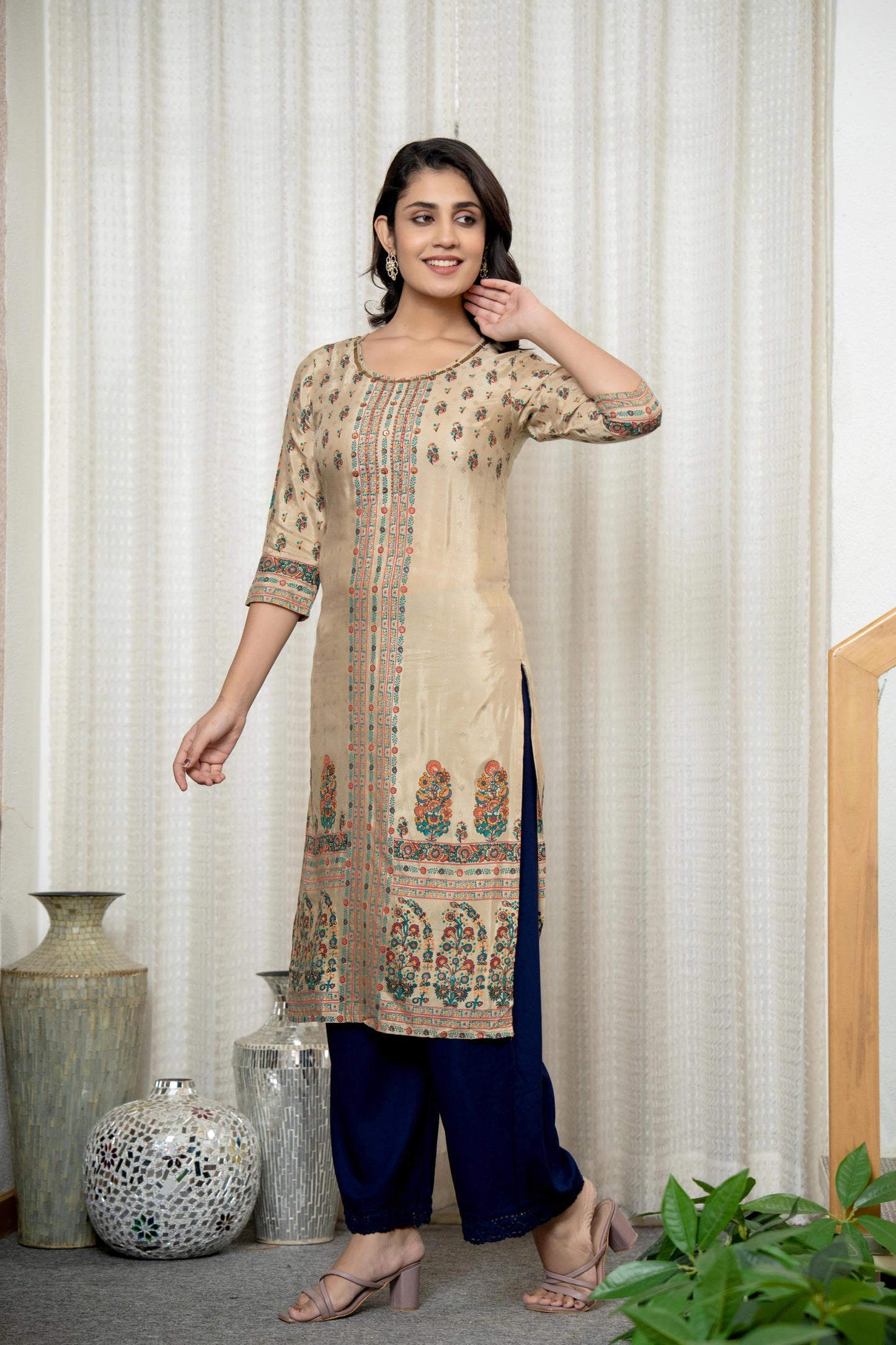 Juniper Beige Floral Printed Viscose Kurta With Beads & Sequins - Distacart