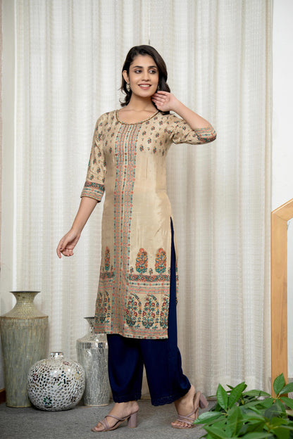 Juniper Beige Floral Printed Viscose Kurta With Beads & Sequins - Distacart