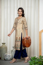Thumbnail for Juniper Beige Floral Printed Viscose Kurta With Beads & Sequins - Distacart