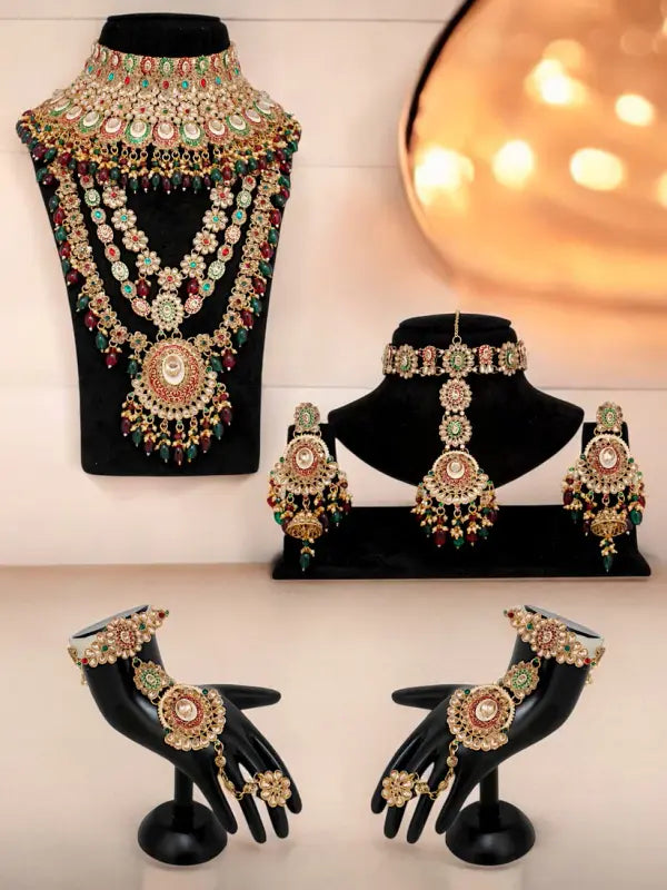 Tehzeeb Creations Traditional Designer Kundan Stone Maroon and Green Meenakari Choker Bridal Set - Distacart