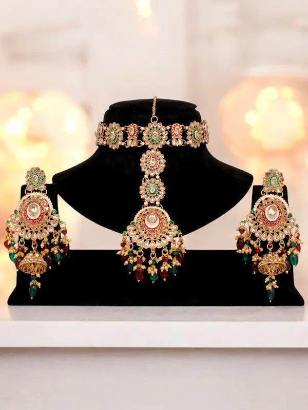 Tehzeeb Creations Traditional Designer Kundan Stone Maroon and Green Meenakari Choker Bridal Set - Distacart