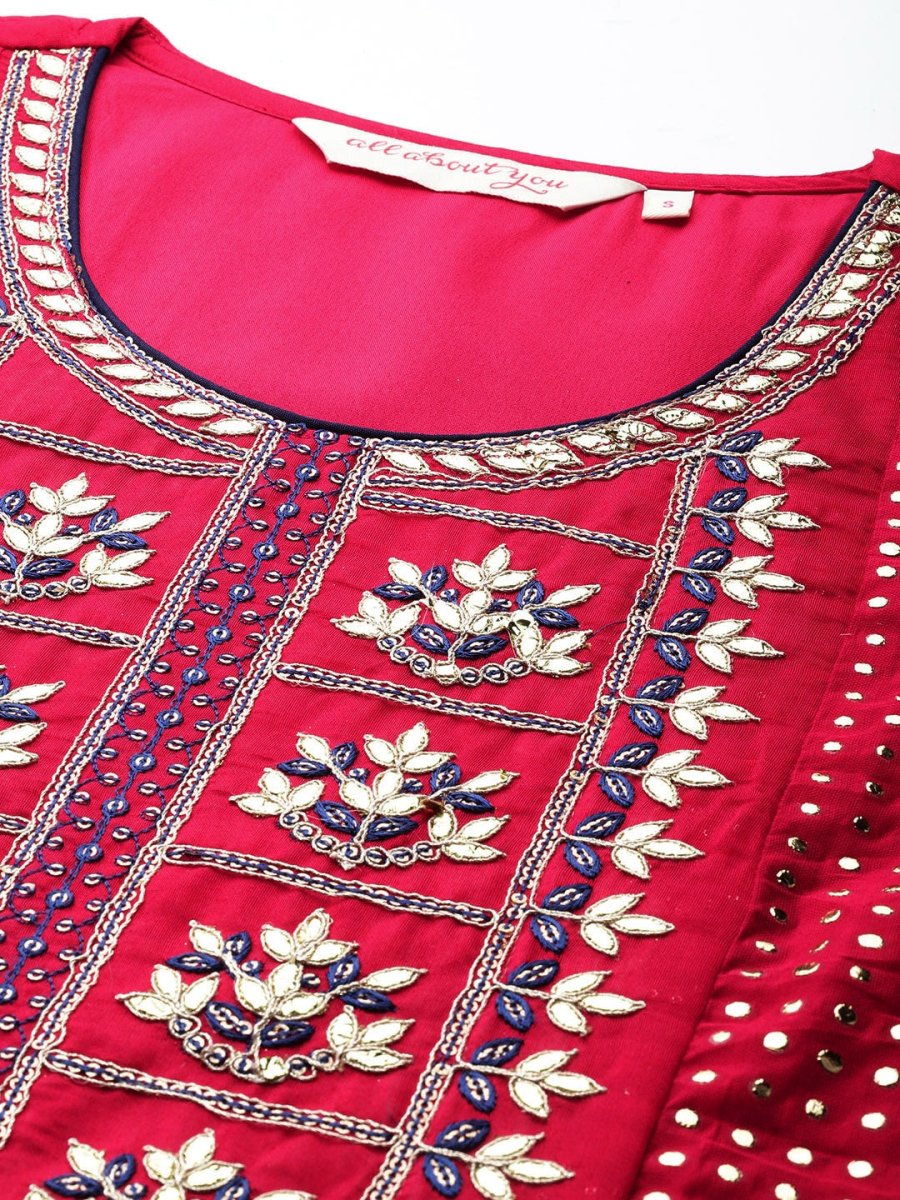 All About You Ethnic Motifs Embroidered Chanderi Silk Kurta with Trousers & With Dupatta - Distacart