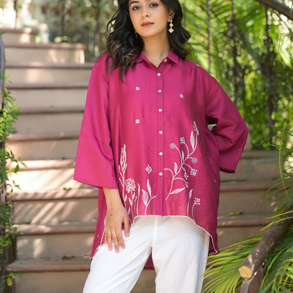 Juniper Fuchsia Thread Embroidered Chanderi Tunic With Button Closure - Distacart