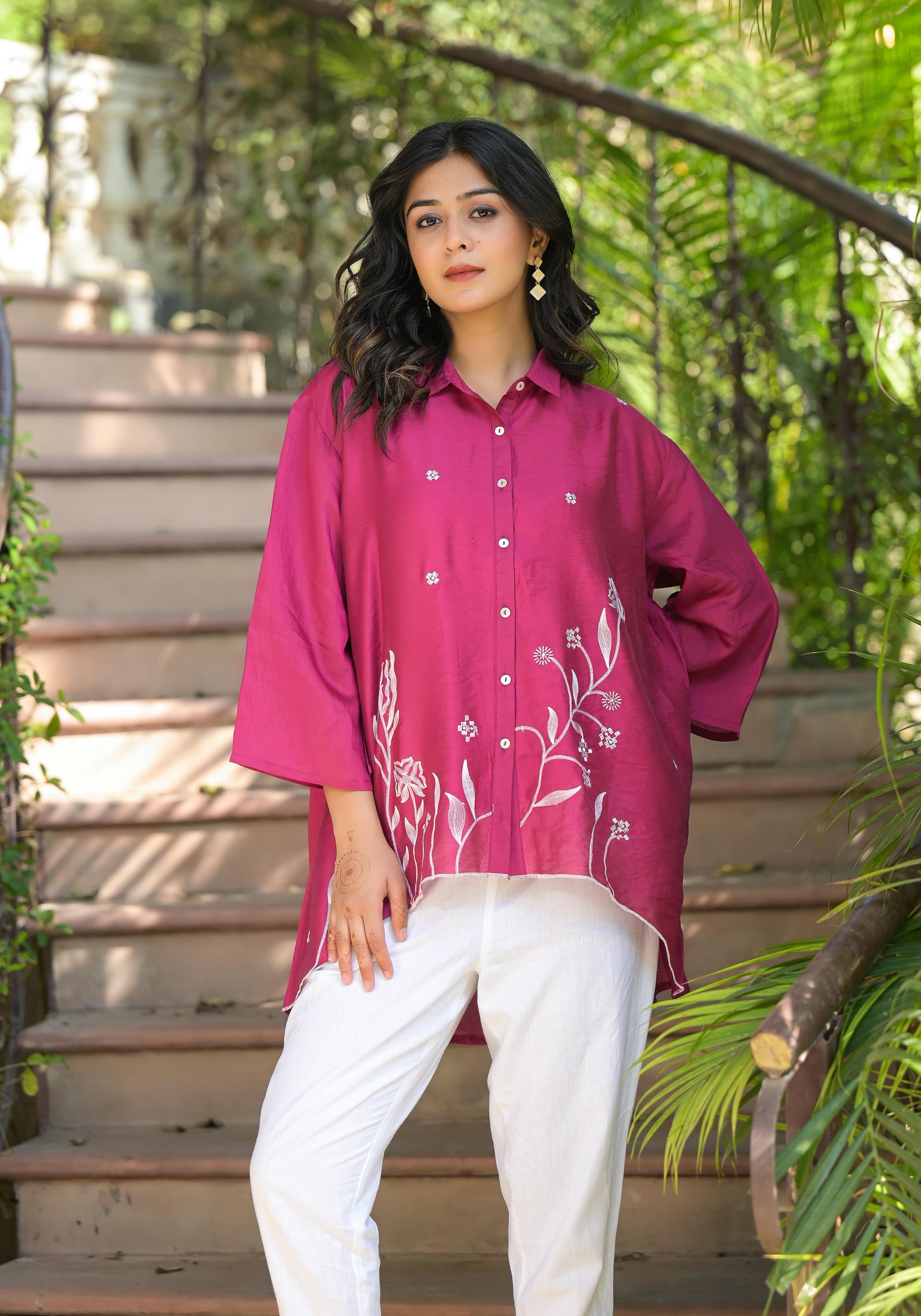 Juniper Fuchsia Thread Embroidered Chanderi Tunic With Button Closure - Distacart
