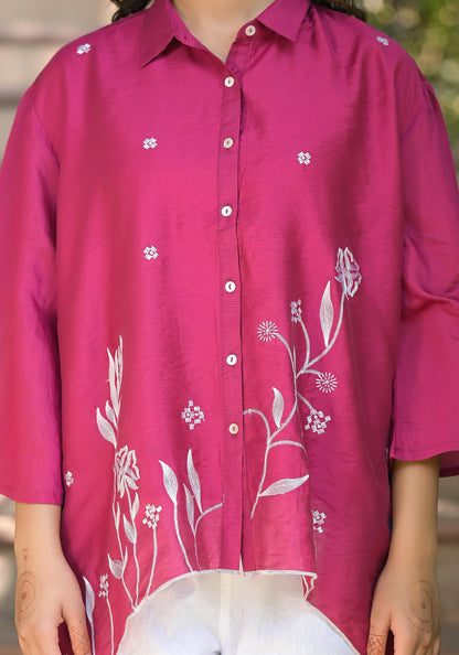Juniper Fuchsia Thread Embroidered Chanderi Tunic With Button Closure - Distacart