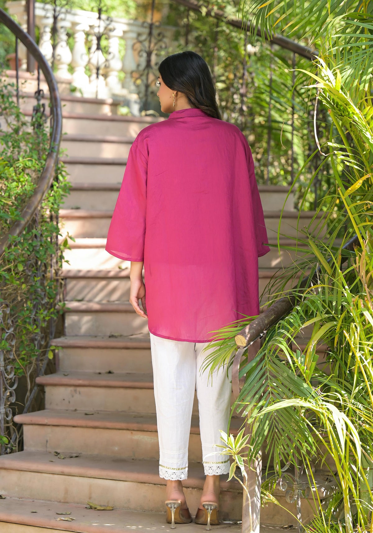 Juniper Fuchsia Thread Embroidered Chanderi Tunic With Button Closure - Distacart