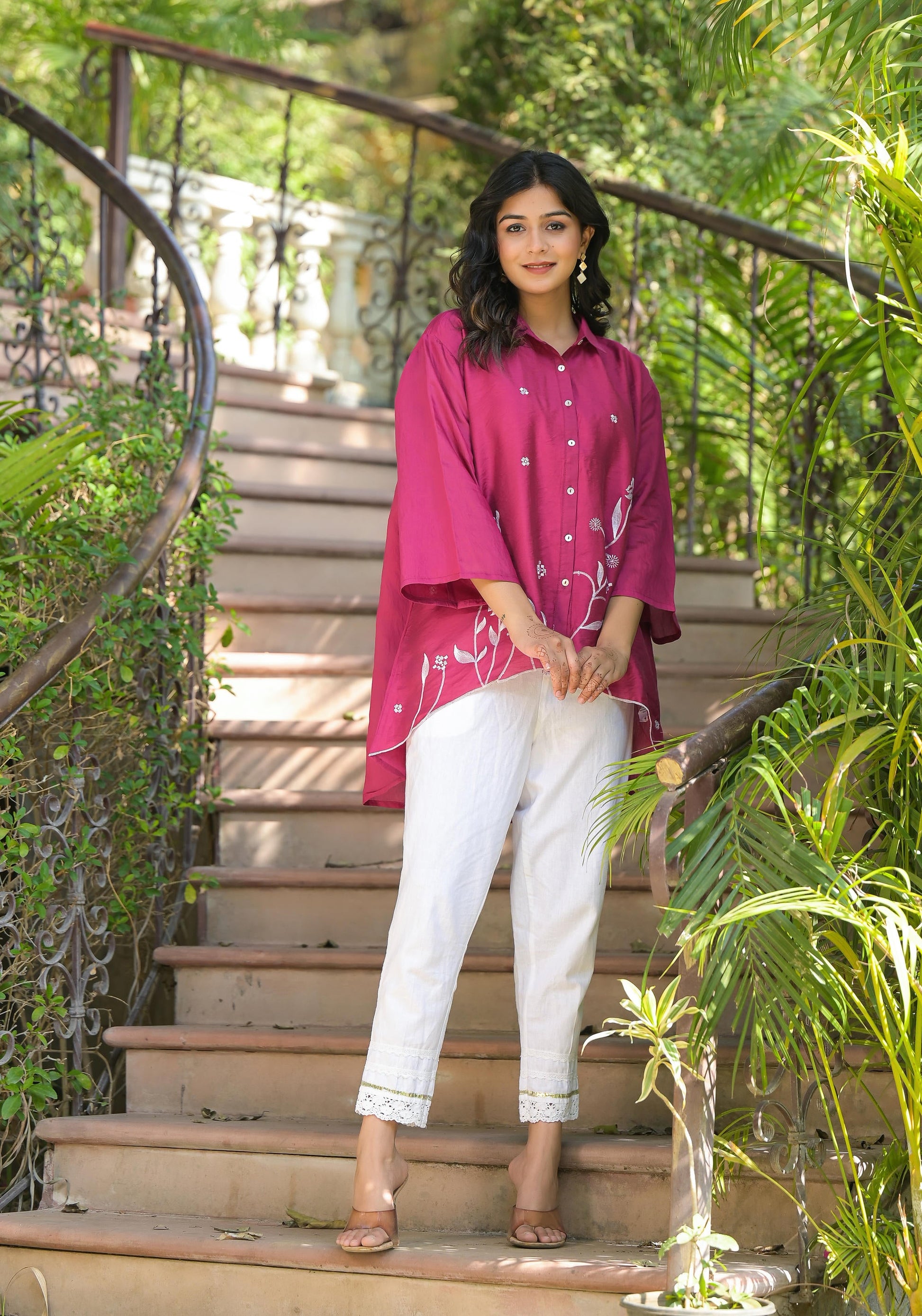 Juniper Fuchsia Thread Embroidered Chanderi Tunic With Button Closure - Distacart