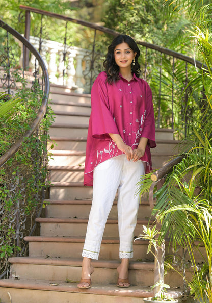 Juniper Fuchsia Thread Embroidered Chanderi Tunic With Button Closure - Distacart