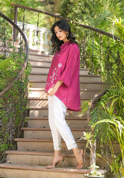 Juniper Fuchsia Thread Embroidered Chanderi Tunic With Button Closure - Distacart