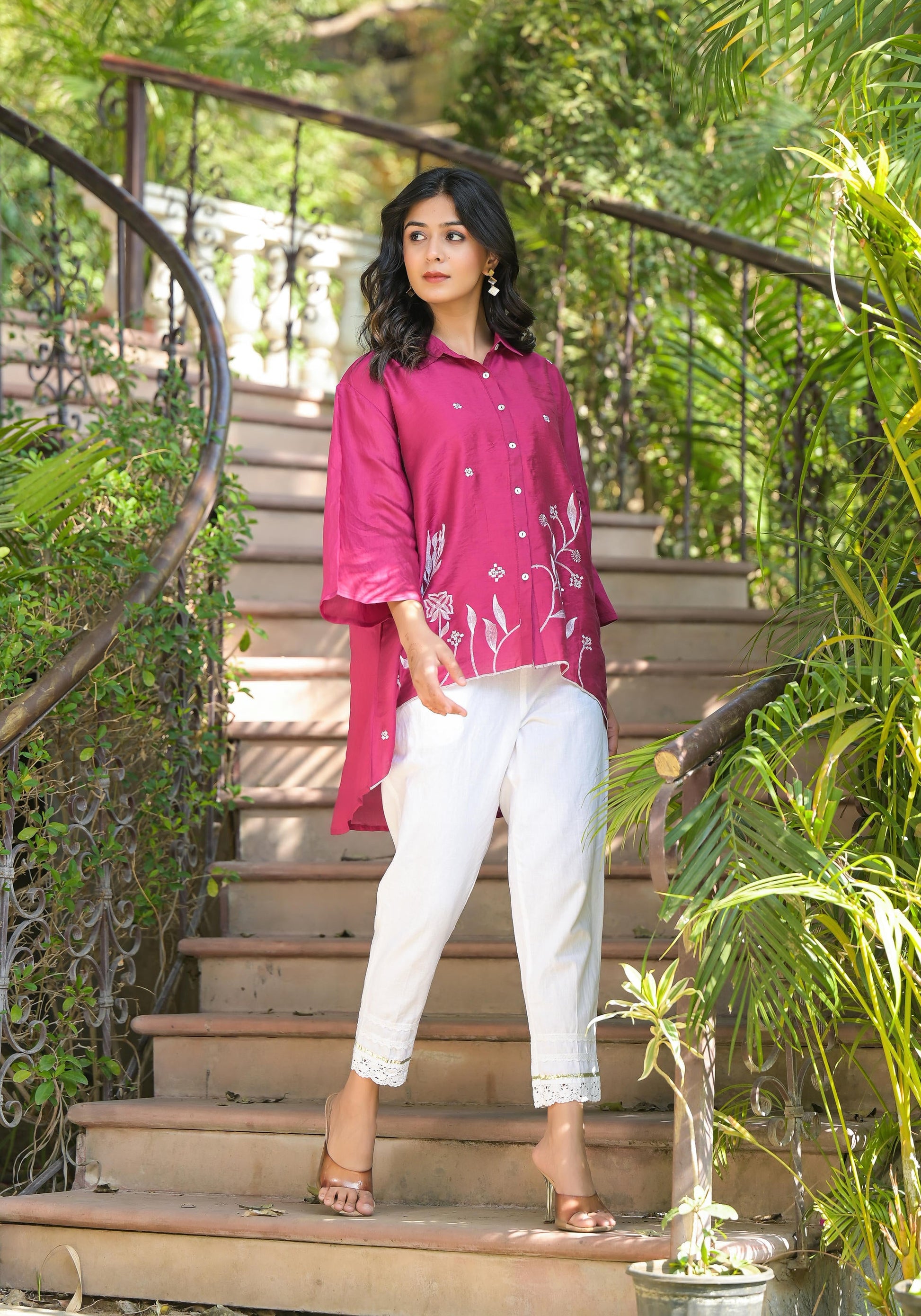 Juniper Fuchsia Thread Embroidered Chanderi Tunic With Button Closure - Distacart
