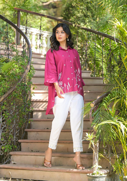 Juniper Fuchsia Thread Embroidered Chanderi Tunic With Button Closure - Distacart