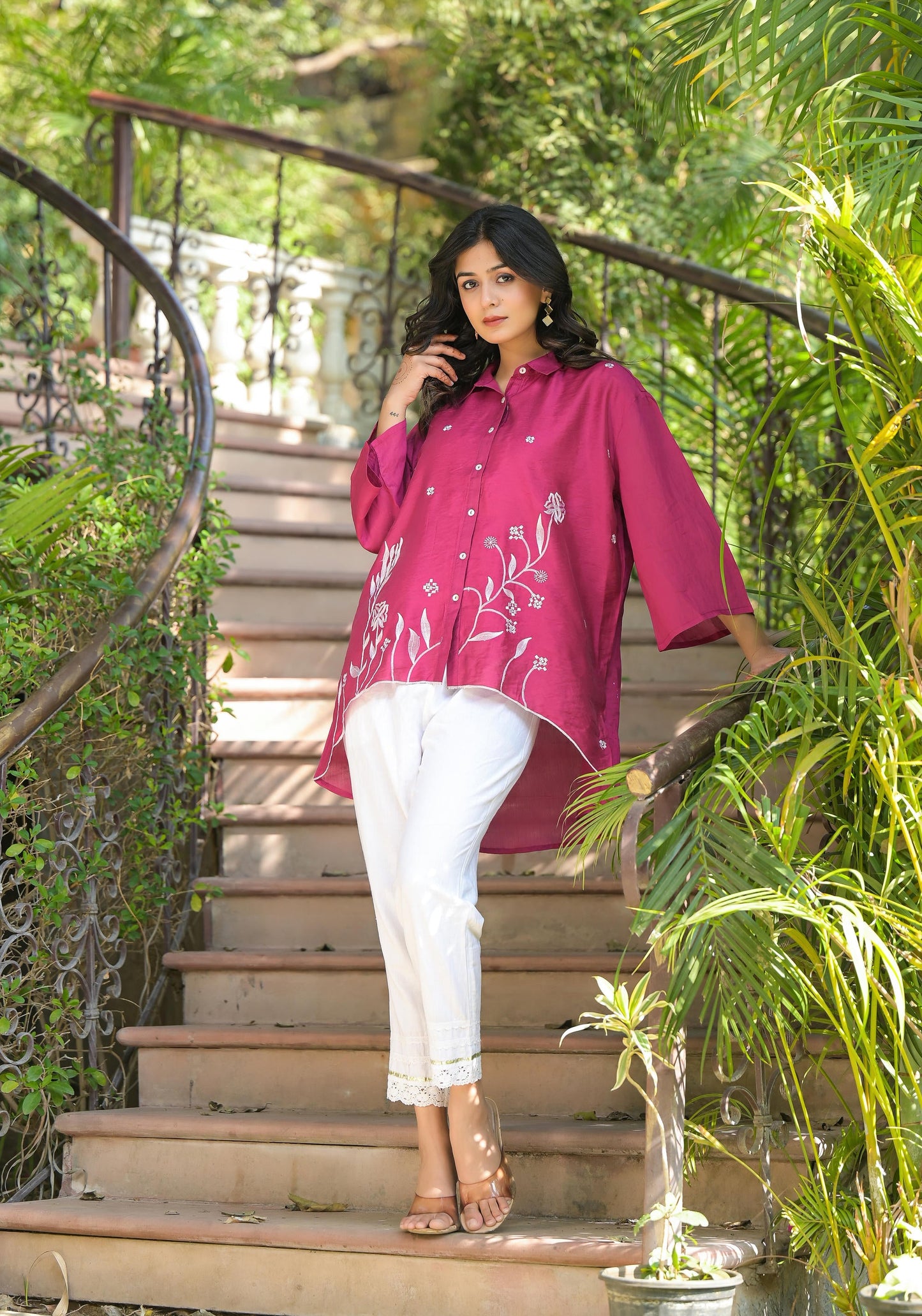 Juniper Fuchsia Thread Embroidered Chanderi Tunic With Button Closure - Distacart